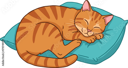 Cute cartoon sleeping cat illustration, adorable kitten on pillow, funny pet animal drawing, relaxed domestic cat art, cozy feline character design