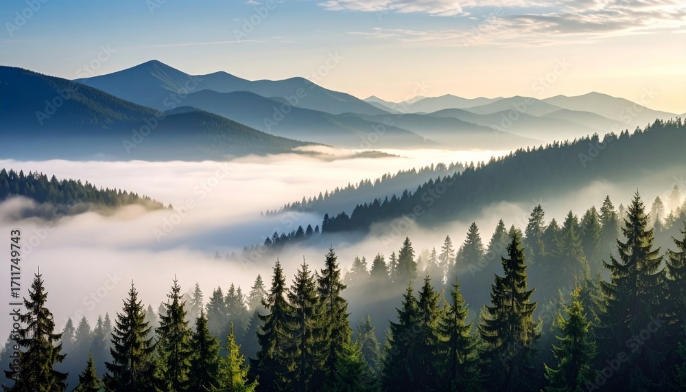 Obraz premium Misty Mountain Majesty: A Serene Sunrise Landscape