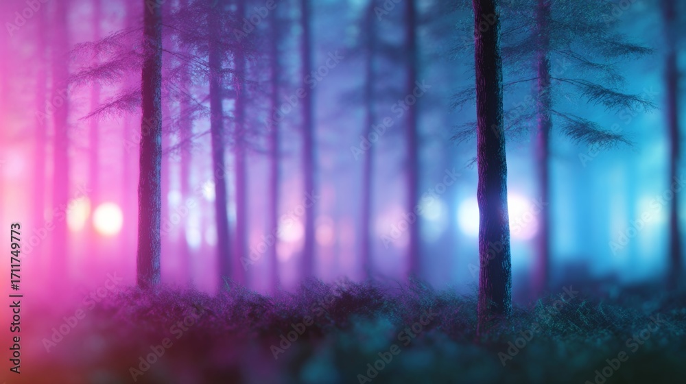 Naklejka premium Enchanted, ethereal forest bathed in pink and blue twilight glow, evoking midsummer night's dream, mystical Samhain whispers