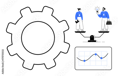 Gear symbolizes process optimization, scales balance innovation and resources with analytics chart. Ideal for decision-making, innovation strategy, process management, resource allocation, teamwork