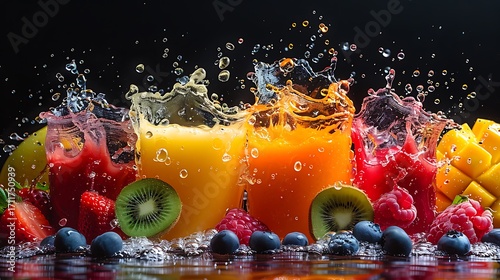 Vibrant fruit juices splash in delicious colorful explosion of flavor and freshness for healthy summer drinks