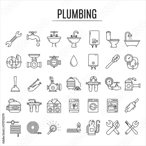 Plumbing vector icons in clean line art style. Featuring water pipes, faucets, wrenches, valves, drains, repair tools, and more. Editable stroke lines.