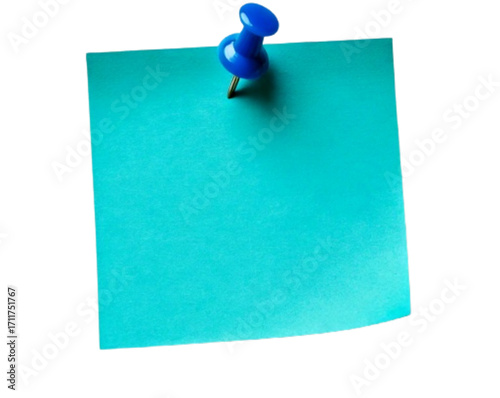 Turquoise Blue Sticky Note with Thumbtack Pin, isolated on a transparent background