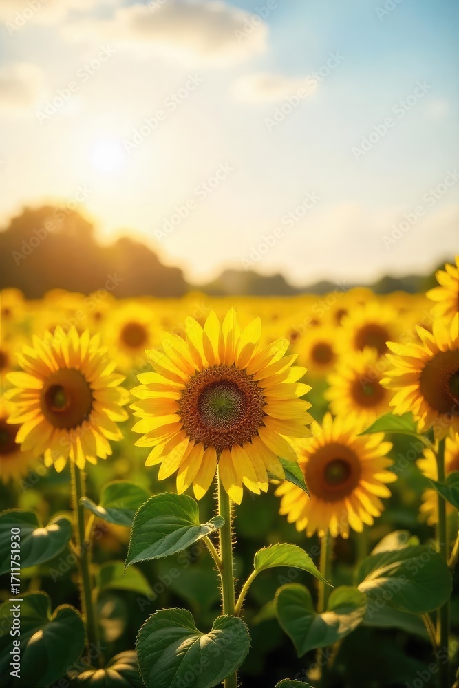 Fototapeta premium A vibrant field of sunflowers basking in golden sunlight, their tall stalks swaying gently in the breeze Perfect for summer, nature, and agriculture themes , bright, eco, plant