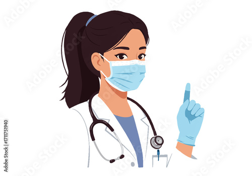 A professional 2D flat vector illustration portrait features a female doctor wearing a protective medical mask, stethoscope, and gloves, standing confidently on a clean white background.