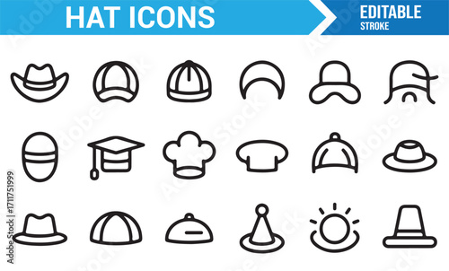 Fashion headwear icon collection, editable stroke line graphic design
