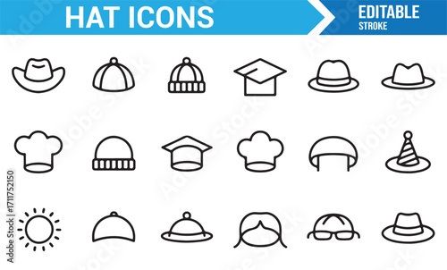 Outline illustrations of party hat, bonnet, and brimmed hats vector set