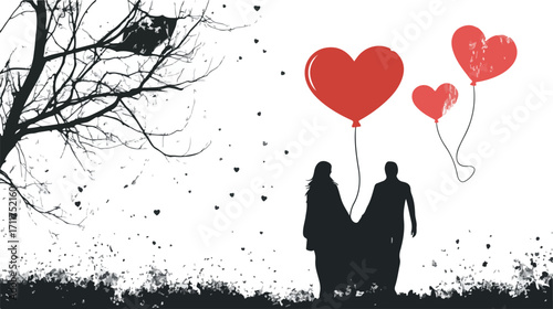 Romantic couple holding hands walking under a bare tree with red heart shaped balloons floating in the sky
