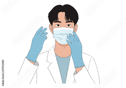 Professional male doctor in a clean flat 2D vector illustration portrait, wearing a protective medical mask and gloves, presented on a stark white background for healthcare concepts.