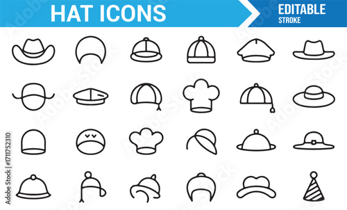Chef hat, baseball cap, beanie, and cowboy hat vector symbols pack