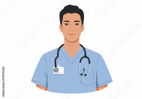 Professional male nurse portrait depicted in a clean flat 2D vector illustration, wearing a blue uniform with a stethoscope, standing confidently against a bright white background.