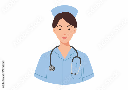 A friendly flat 2D vector illustration portrait captures a professional female nurse in her medical uniform, wearing a stethoscope against a clean white background.