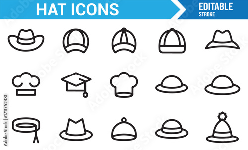 Editable stroke collection of hat line icons for fashion and accessories