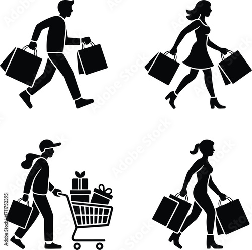 Customer Shopping Icon Pack – Silhouettes of Bags, Boxes & Cart Movement