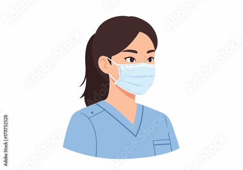 Flat 2D vector illustration portrait of a professional female medic worker wearing a medical mask, standing confidently on a clean white background.