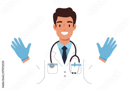 Professional male doctor, depicted in a clean 2D flat vector illustration portrait, confidently wearing medical gloves and a stethoscope on a white background, ready for healthcare.