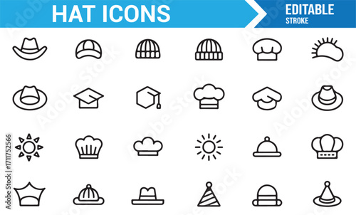 Hat vector icons set, outline illustrations of caps, beanies, and cowboy hats