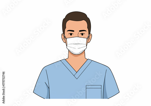 A modern 2D flat vector illustration portrait shows a male healthcare worker wearing blue scrubs and a protective face mask, depicted on a clean white background.