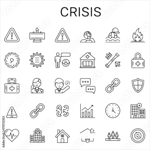 Set of crisis vector icons in clean line art style. Featuring emergency alerts, warning signs, first aid kits, rescue tools, disaster response, and more. Editable stroke lines.