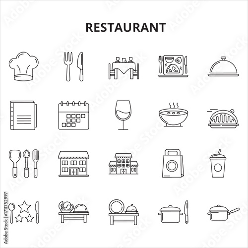 Set of restaurant vector icons in clean line art style featuring plates, cutlery, chef hats, menus, glasses, and more. Editable stroke.