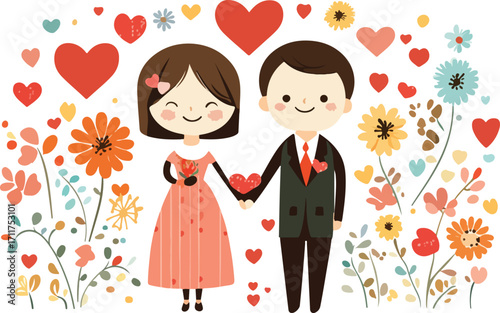 Cute cartoon couple holding hands surrounded by colorful flowers and hearts celebrating love and romance