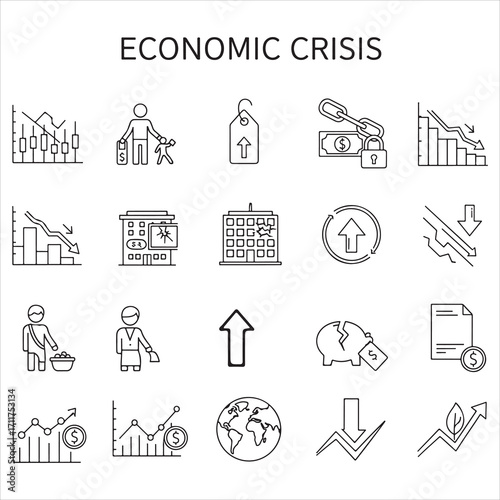 Set of economic crisis vector icons in clean line art style featuring declining graphs, warning signs, money bags, broken piggy banks, financial reports, and more. Editable stroke.