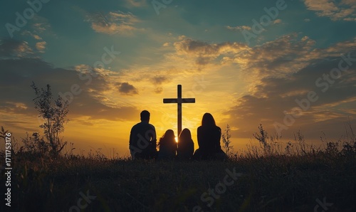 Silhouette of a family gathered around a Christian cross, praying together in a social or religious gathering, symbolizing faith, unity, and spirituality, Generative AI