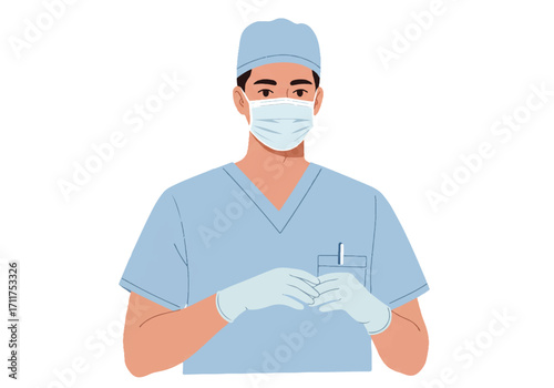 A focused male nurse wearing blue scrubs, protective gloves, and a medical face mask is prominently featured in a clean flat 2D vector illustration portrait on a simple white background.