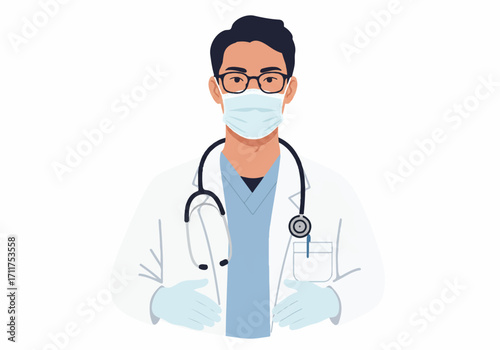 Male doctor wearing a medical mask, stethoscope, and blue gloves is depicted in a clean, flat 2D vector illustration portrait on a bright white background.