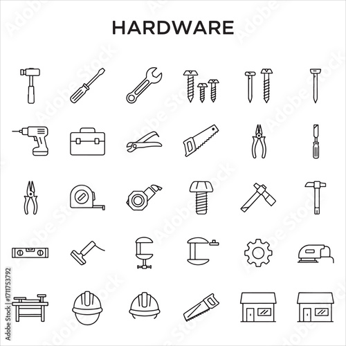 Set of hardware vector icons in clean line art style featuring screws, nuts, bolts, hammers, wrenches, and more. Editable stroke.