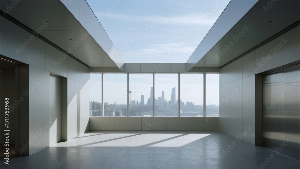 Fototapeta premium Modern minimalist interior with large windows overlooking a city skyline