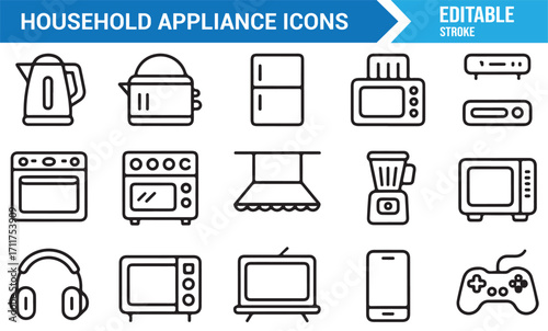 Editable stroke icons collection of modern home electronics and appliances
