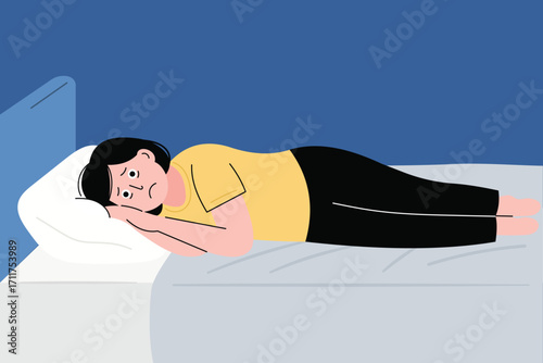 Vector illustration of a sleepless person lying awake. Symbolizes insomnia, restlessness, and difficulty falling asleep.