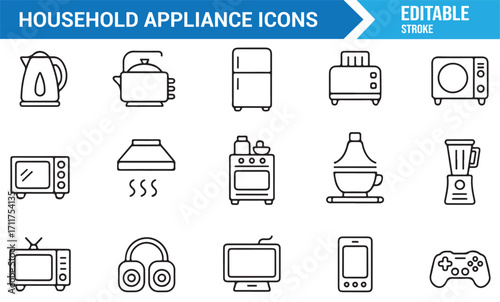 Household appliance vector icons set, outline illustrations of kitchen devices