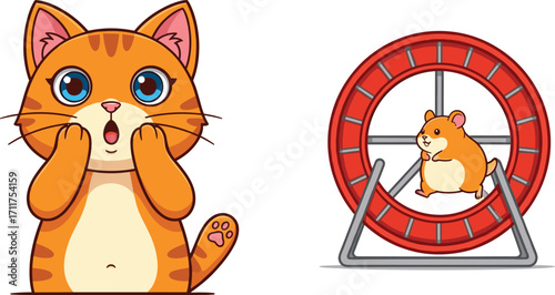Cute surprised orange cat with big blue eyes, adorable hamster running on red wheel, playful pets, funny animal behavior, cartoon pet characters, pet care, pet fun
