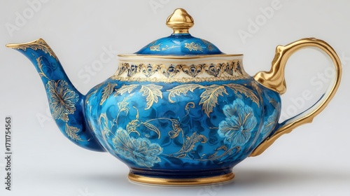 Elegant blue teapot with gold floral accents