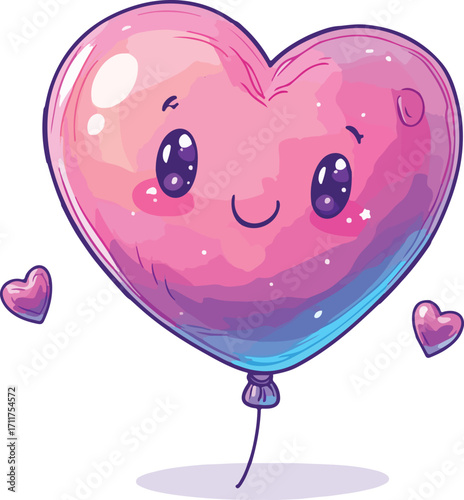 Adorable kawaii heart shaped balloon with cute face and sparkling eyes floats happily