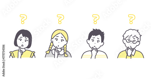 小学生くらいの子どもたちが考えている様子のイラスト素材