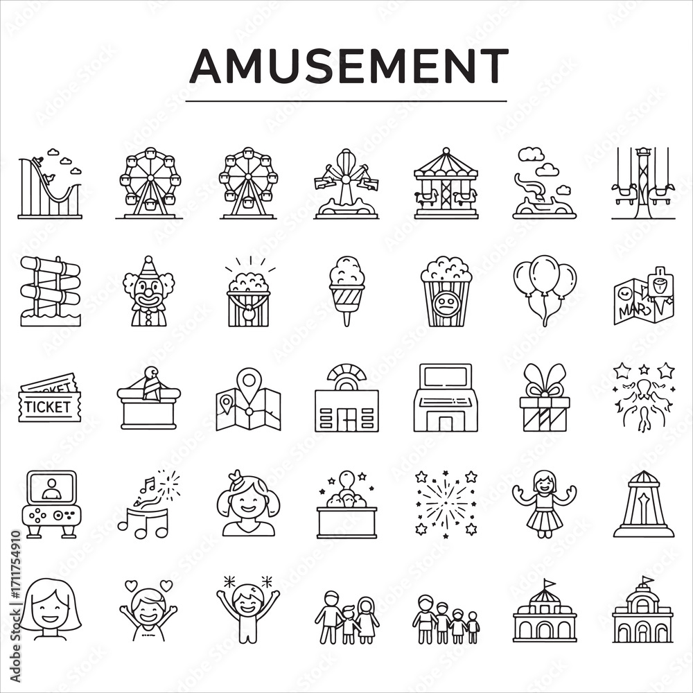 Fototapeta premium Set of amusement vector icons in clean line art style featuring roller coasters, Ferris wheels, carnival tents, tickets, clowns, and more. Editable stroke.