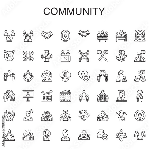 Set of community vector icons in clean line art style featuring groups of people, hands shaking, homes, communication symbols, events, and more. Editable stroke.