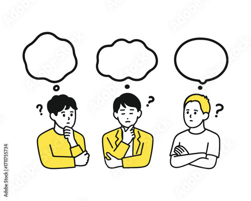 Speech Bubble Illustration Set of Young Man – Worried and Thinking
