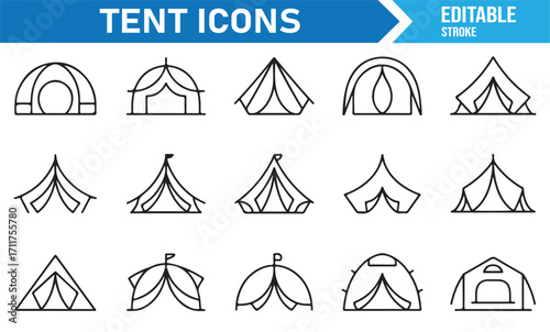 Editable vector tent line drawings for exploration, camping, and hiking