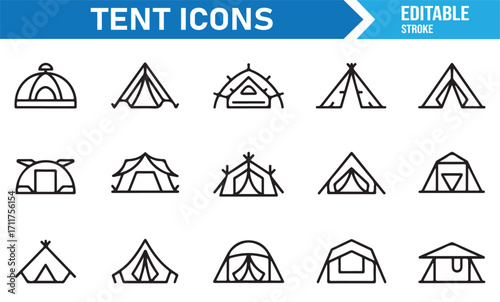 Set of tent outline illustrations for nature, mountain, and forest travel