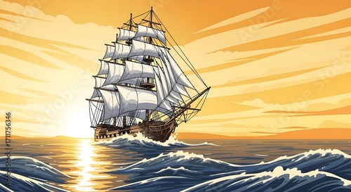 Vintage Sailing Ship Vector Illustration with Yellow Sunset and Ocean Waves in Artistic Style