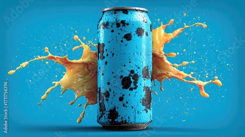 Blue can erupts with orange juice splash