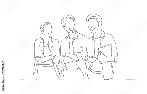 Continuous one line drawing of colleagues engaging in cheerful conversation during break, symbolizing positive workplace culture, single line art.