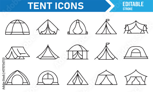 Adventure camping tents line illustration collection, dome and tipi icons