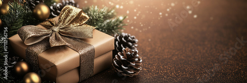 Chrismas banner with elegant gift box surrounded by pinecones and ornaments on cozy background with copy space