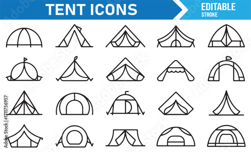 Editable stroke tent symbols pack, minimalist camping vector set