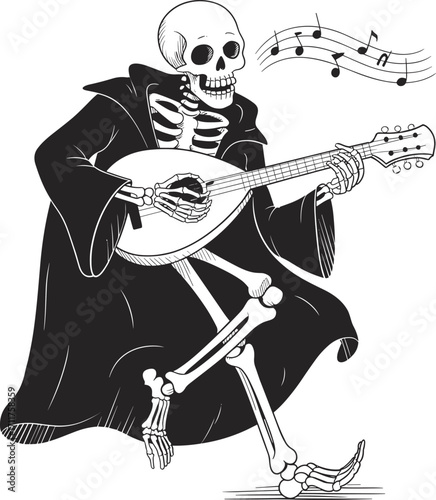 Dancing skeleton playing lute, musical notes in air, whimsical cloak design, surreal death character, fantasy illustration, Halloween concept, artistic gothic theme